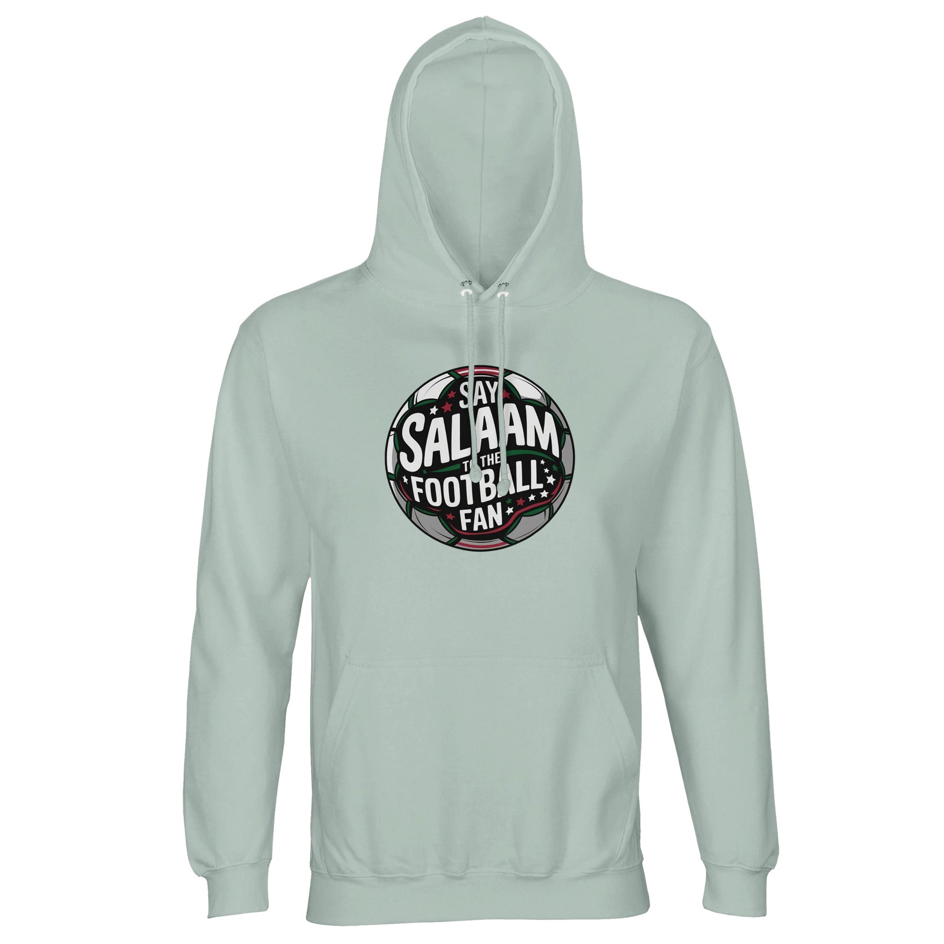 Creamy Green / Greenish Grey Islamic unisex hoodie featuring the Say Salaam to the Football Fan Design #1 round football badge graphic. The emblem’s circular silhouette contains layered typography over a dark pitch-inspired background with green, black and white contrasts and a subtle stadium glow. Its balanced crest shape and bold framing lines create a heritage club-style aesthetic with a modern Islamic message. Muslim football fan apparel for players, supporters and youth academies.