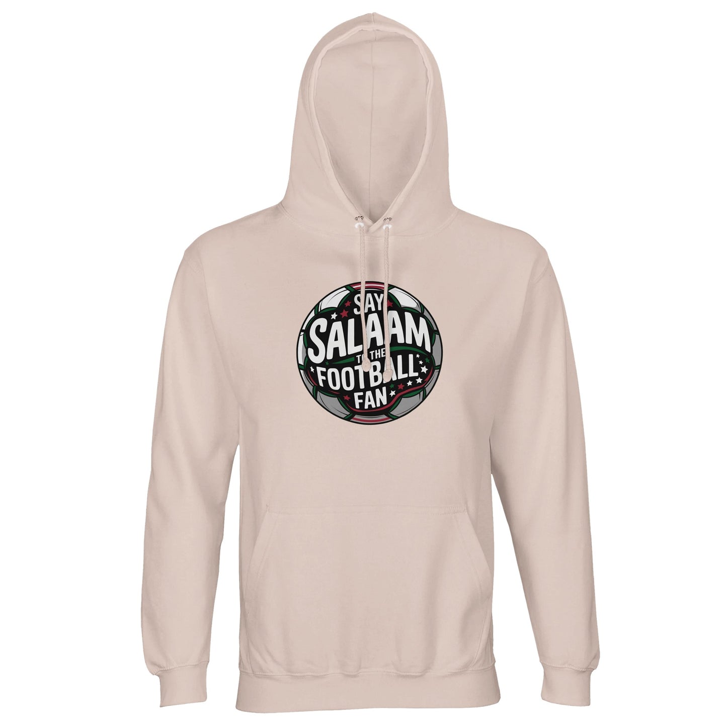 Creamy Pink / Oyster Pink Islamic unisex hoodie showcasing the Say Salaam to the Football Fan Design #1 circular football crest. The design uses a round badge format with charcoal and green pitch tones, white central lettering and stadium light beams radiating outward. The symmetrical composition and strong outline give it a confident club badge feel with a positive, inclusive tone. Muslim football fan clothing that blends Islamic greetings with competitive matchday energy.