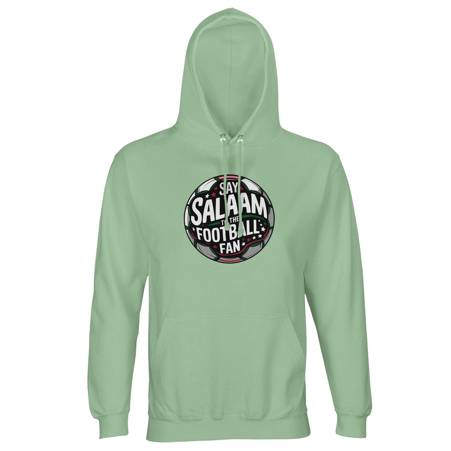 Frozen Green / Opal Islamic unisex hoodie featuring the Say Salaam to the Football Fan Design #1 circular badge print. The round football emblem combines dark charcoal pitch textures, green accents and white typography illuminated by stylised floodlights. The clean circular geometry and layered depth create a bold crest-inspired look with an authentic supporters’ vibe. Muslim football streetwear ideal for stadium attendance, youth leagues and Islamic community sports events.