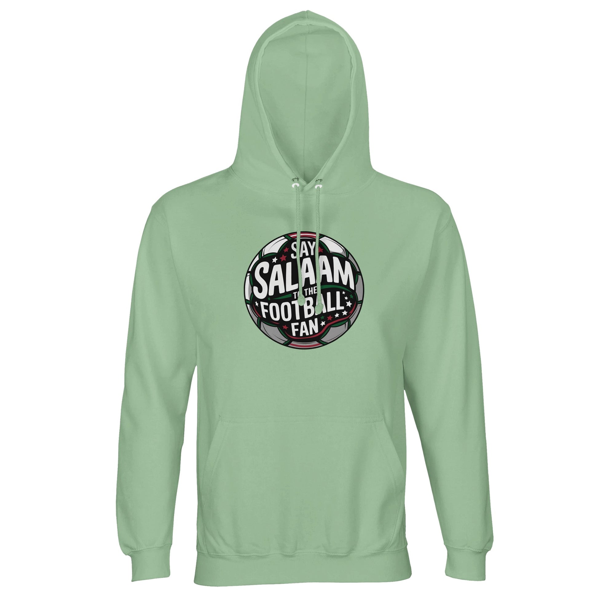 Frozen Green / Opal Islamic unisex hoodie featuring the Say Salaam to the Football Fan Design #1 circular badge print. The round football emblem combines dark charcoal pitch textures, green accents and white typography illuminated by stylised floodlights. The clean circular geometry and layered depth create a bold crest-inspired look with an authentic supporters’ vibe. Muslim football streetwear ideal for stadium attendance, youth leagues and Islamic community sports events.