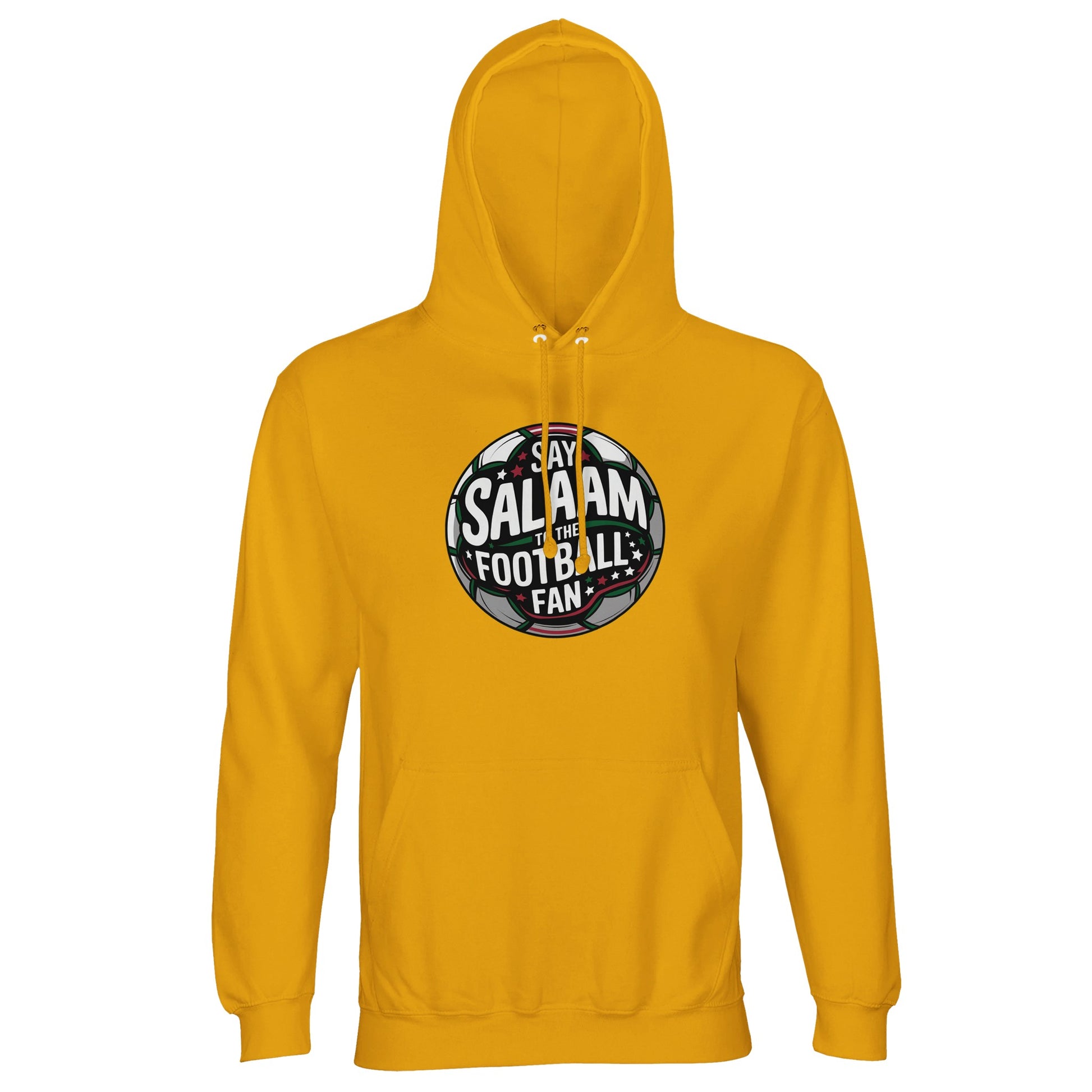 Gold / Gamboge unisex hoodie showcasing the Say Salaam to the Football Fan Design #1 circular football badge. The round crest graphic features a dark pitch-toned background, glowing stadium lights and bold layered typography across the centre. Rich greens, blacks and subtle red accents give the design a competitive, match-ready energy with a clean symmetrical layout. Muslim football streetwear for fans who carry Islamic values into matchday atmospheres, community leagues and weekend kickabouts.