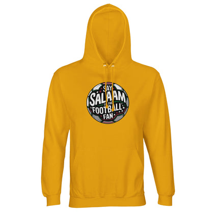 Gold / Gamboge unisex hoodie showcasing the Say Salaam to the Football Fan Design #1 circular football badge. The round crest graphic features a dark pitch-toned background, glowing stadium lights and bold layered typography across the centre. Rich greens, blacks and subtle red accents give the design a competitive, match-ready energy with a clean symmetrical layout. Muslim football streetwear for fans who carry Islamic values into matchday atmospheres, community leagues and weekend kickabouts.