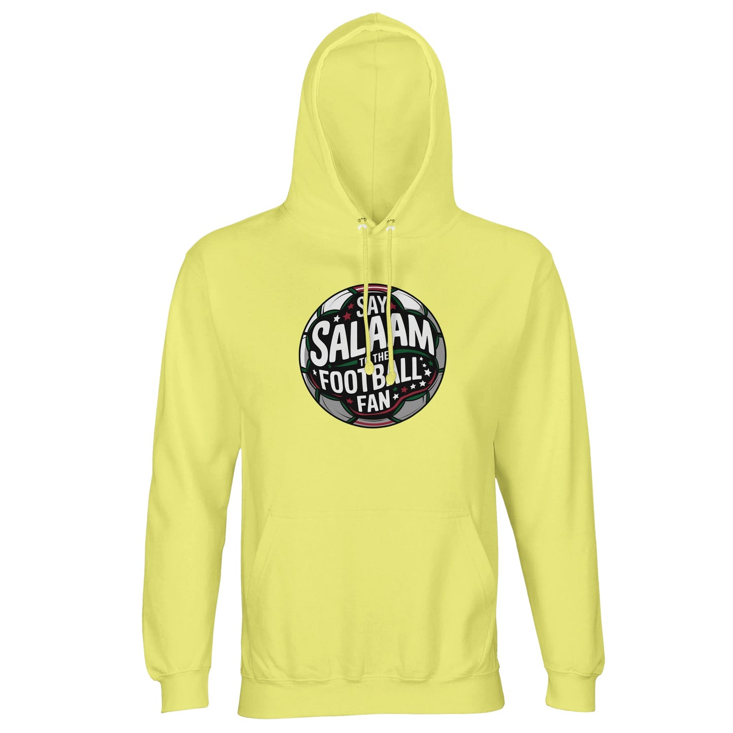 Light Yellow / Lemon Chiffon Islamic unisex hoodie featuring the Say Salaam to the Football Fan Design #1 round badge artwork. The circular football crest silhouette is framed by a stadium glow effect with dark charcoal, forest green and white lettering set across a pitch-inspired background. The bold circular form echoes traditional club badges while the tone feels modern and uplifting. Muslim football fan clothing for young supporters and players who combine salaam greetings with matchday passion.