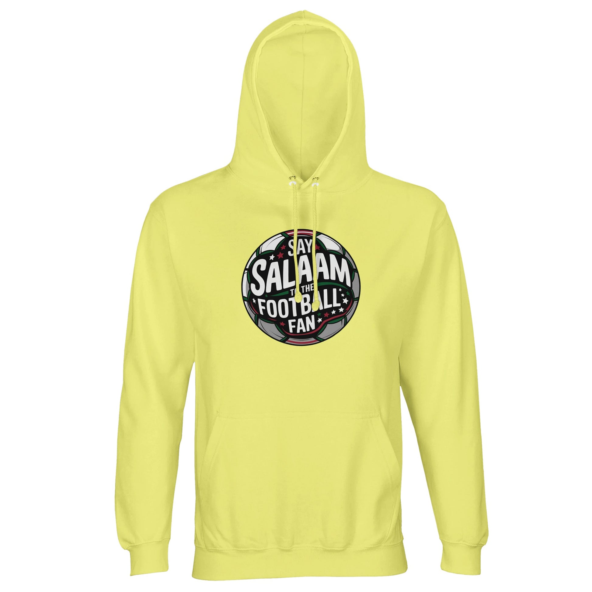 Light Yellow / Lemon Chiffon Islamic unisex hoodie featuring the Say Salaam to the Football Fan Design #1 round badge artwork. The circular football crest silhouette is framed by a stadium glow effect with dark charcoal, forest green and white lettering set across a pitch-inspired background. The bold circular form echoes traditional club badges while the tone feels modern and uplifting. Muslim football fan clothing for young supporters and players who combine salaam greetings with matchday passion.