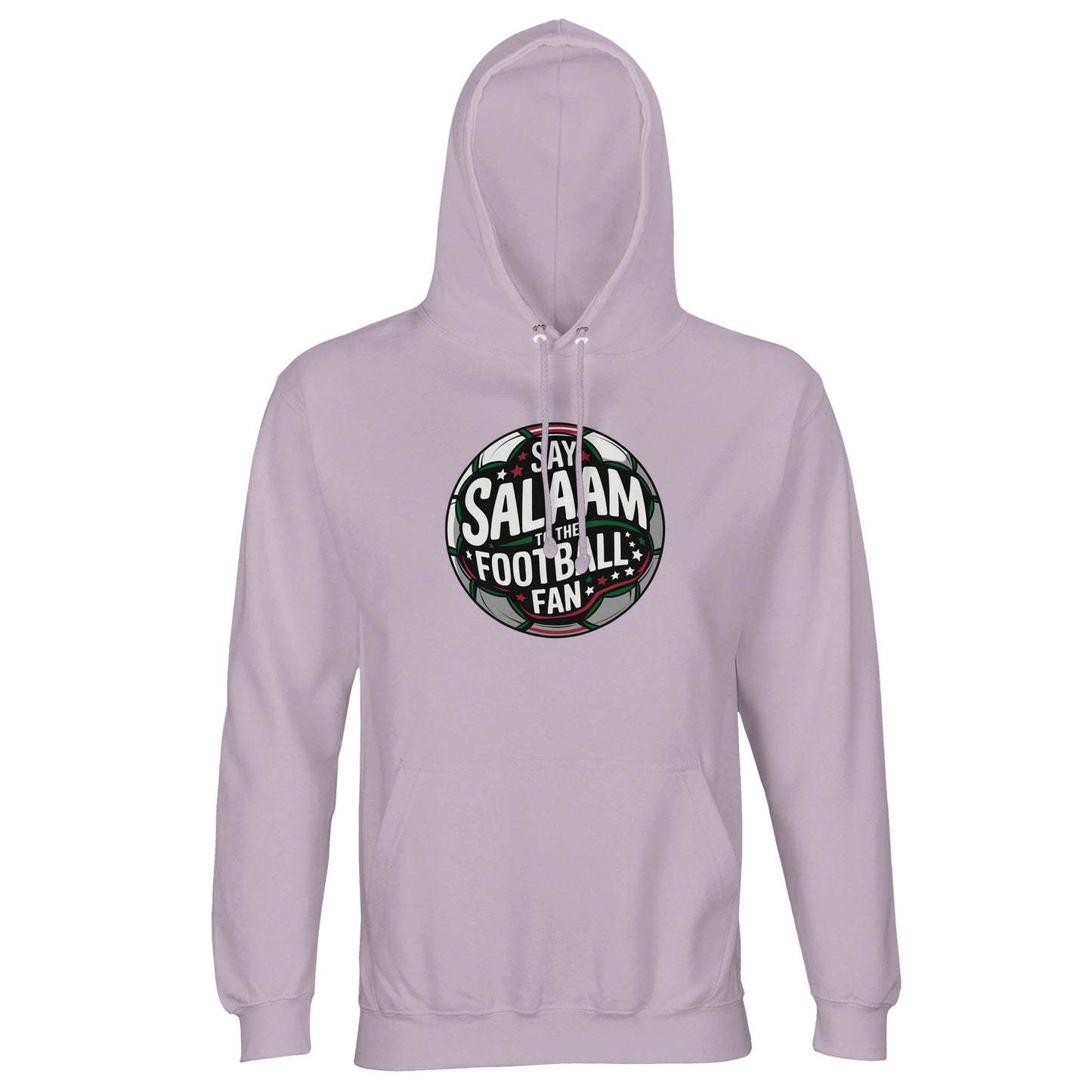 Lilak / Lilac / Wisteria Purple Islamic unisex hoodie featuring the Say Salaam to the Football Fan Design #1 round football crest graphic. The circular badge uses a dark pitch-toned centre with layered green and white lettering and subtle red detailing, framed by glowing stadium beams. The strong symmetrical crest shape delivers a classic football club aesthetic with a spirited, competitive tone. Muslim football fan apparel uniting Islamic identity with global matchday culture.