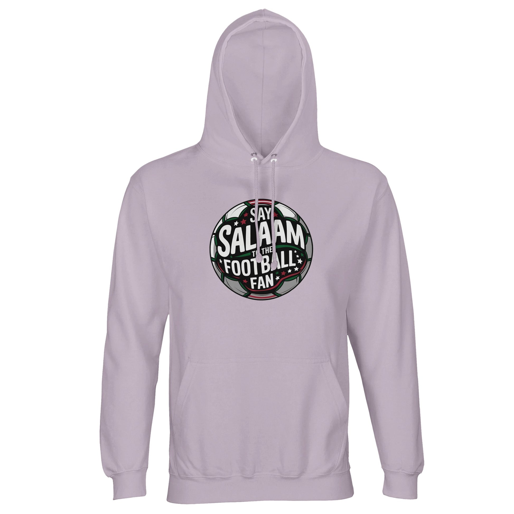 Lilak / Lilac / Wisteria Purple Islamic unisex hoodie featuring the Say Salaam to the Football Fan Design #1 round football crest graphic. The circular badge uses a dark pitch-toned centre with layered green and white lettering and subtle red detailing, framed by glowing stadium beams. The strong symmetrical crest shape delivers a classic football club aesthetic with a spirited, competitive tone. Muslim football fan apparel uniting Islamic identity with global matchday culture.