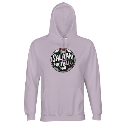 Lilak / Lilac / Wisteria Purple Islamic unisex hoodie featuring the Say Salaam to the Football Fan Design #1 round football crest graphic. The circular badge uses a dark pitch-toned centre with layered green and white lettering and subtle red detailing, framed by glowing stadium beams. The strong symmetrical crest shape delivers a classic football club aesthetic with a spirited, competitive tone. Muslim football fan apparel uniting Islamic identity with global matchday culture.