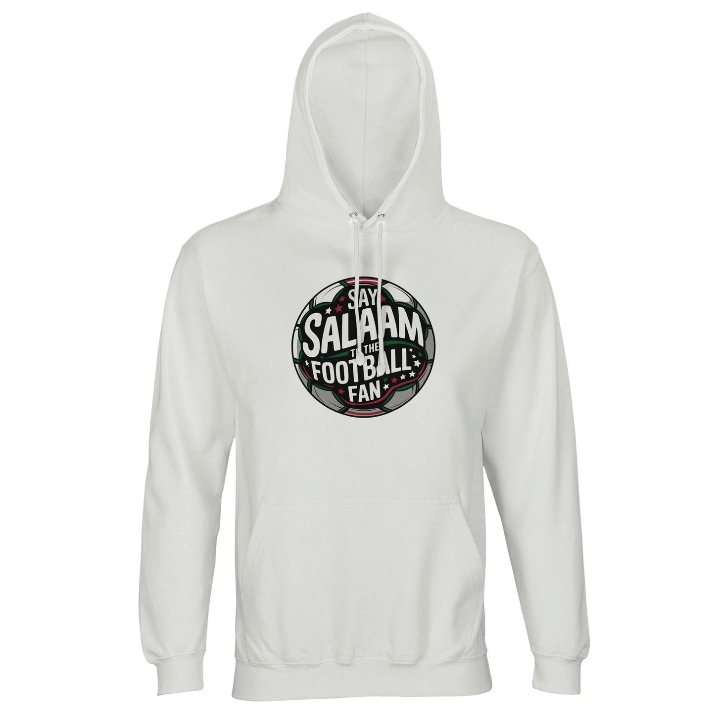 White / Platinum unisex hoodie featuring the Say Salaam to the Football Fan Design #1 circular badge graphic. The design has a bold round football crest shape with a dark charcoal and black base, stadium floodlight glow & layered typography wrapping the sphere. Crisp white and soft green accents create contrast on the clean light background, giving it a modern sporty tone. Muslim football streetwear blending Islamic identity with matchday culture, ideal for stadium visits, 5-a-side games & community events.