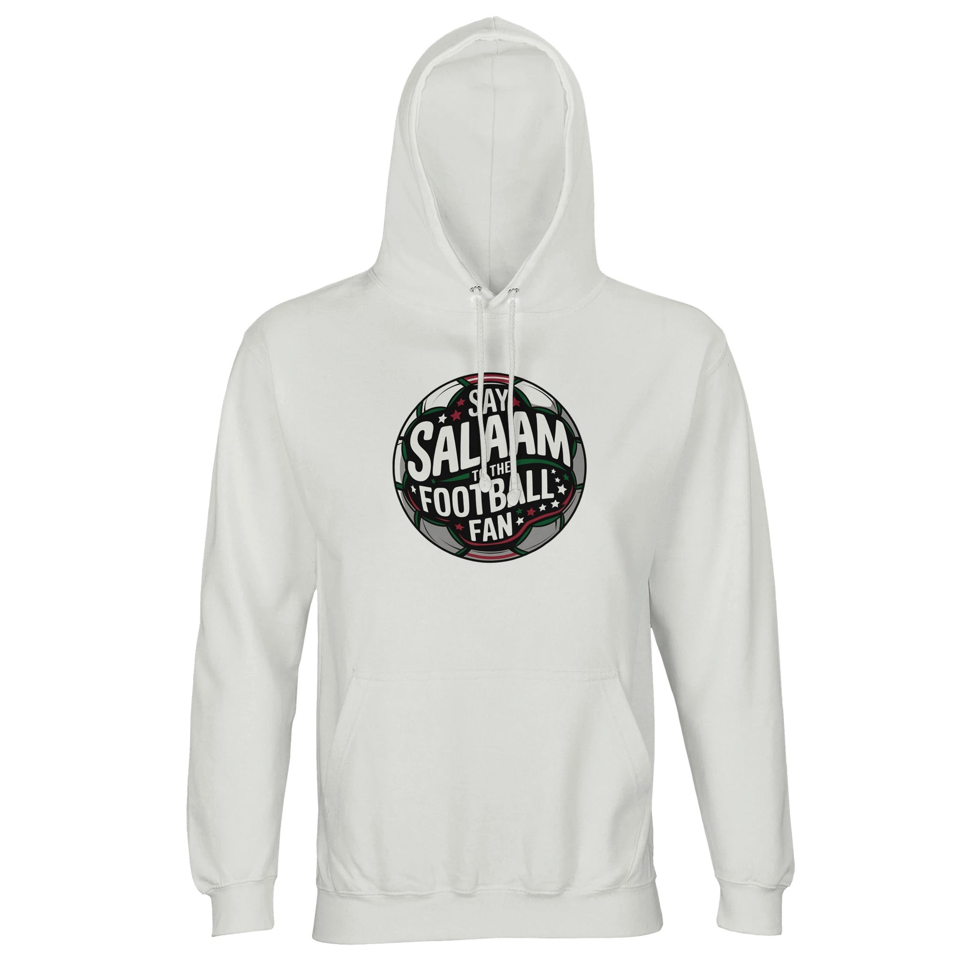 White / Platinum unisex hoodie featuring the Say Salaam to the Football Fan Design #1 circular badge graphic. The design has a bold round football crest shape with a dark charcoal and black base, stadium floodlight glow & layered typography wrapping the sphere. Crisp white and soft green accents create contrast on the clean light background, giving it a modern sporty tone. Muslim football streetwear blending Islamic identity with matchday culture, ideal for stadium visits, 5-a-side games & community events.