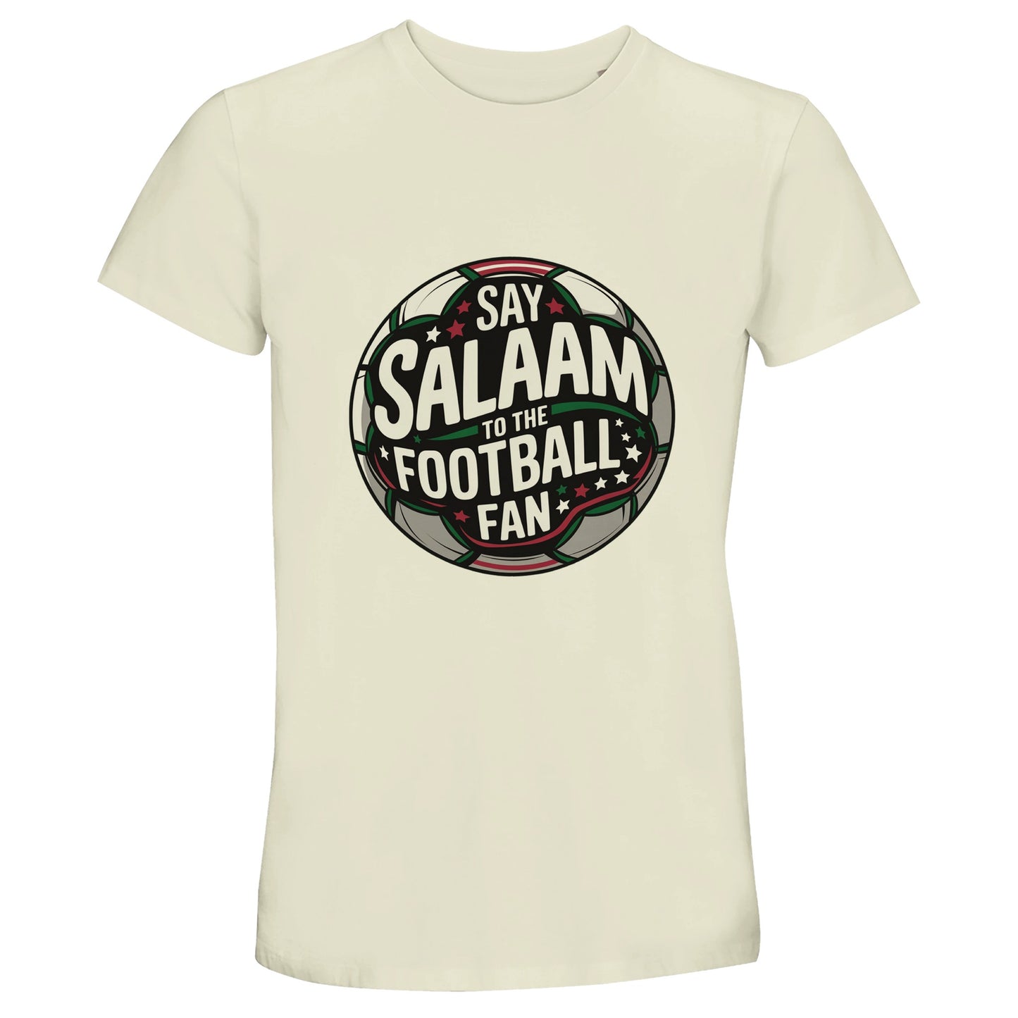 Say Salaam to the Football Fan Design #1 50% Recycled Unisex Cotton T-Shirt – Natural / Moon Mist / Satin Linen / Beige. Islamic unisex football tee featuring a centred circular badge design inspired by classic club crests. The round football emblem blends charcoal pitch textures, deep green and bold white typography with fine red detailing and subtle stadium glow effects. Clean symmetry and layered depth give the graphic a confident supporters’ tone. Muslim football streetwear for matchdays & streaming.