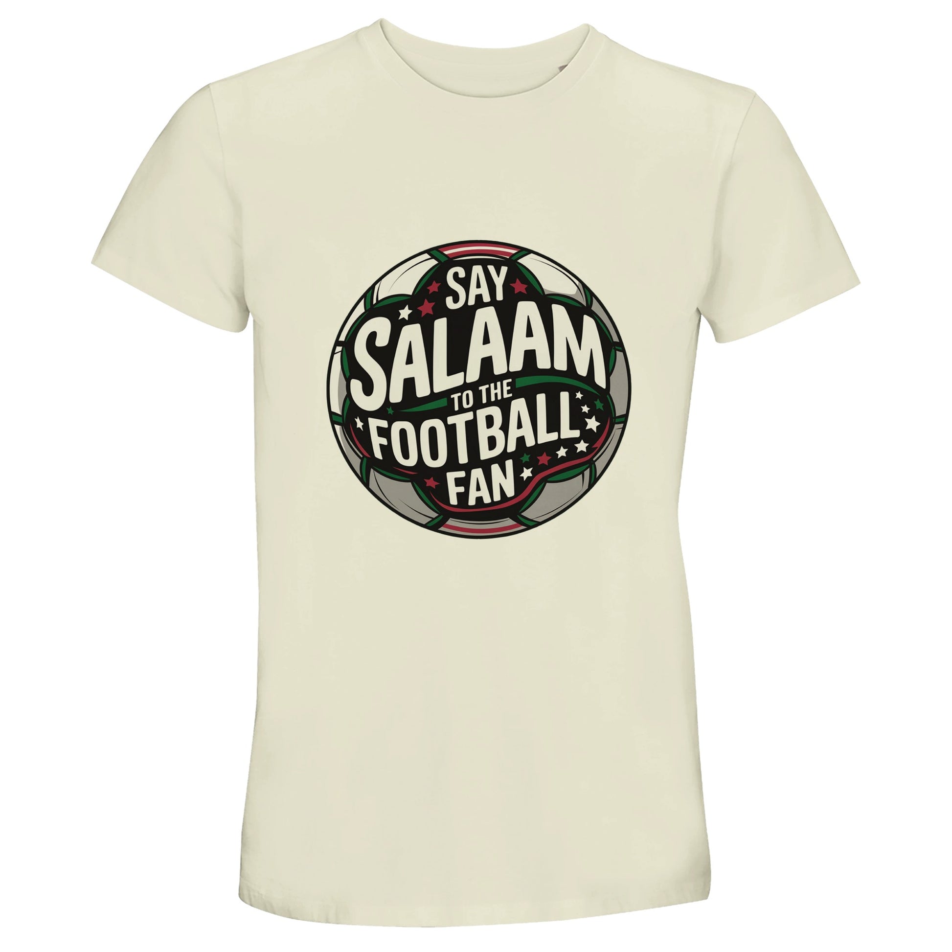 Say Salaam to the Football Fan Design #1 50% Recycled Unisex Cotton T-Shirt – Natural / Moon Mist / Satin Linen / Beige. Islamic unisex football tee featuring a centred circular badge design inspired by classic club crests. The round football emblem blends charcoal pitch textures, deep green and bold white typography with fine red detailing and subtle stadium glow effects. Clean symmetry and layered depth give the graphic a confident supporters’ tone. Muslim football streetwear for matchdays & streaming.