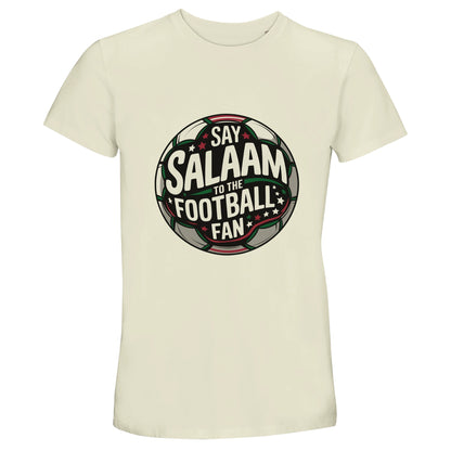 Say Salaam to the Football Fan Design #1 50% Recycled Unisex Cotton T-Shirt – Natural / Moon Mist / Satin Linen / Beige. Islamic unisex football tee featuring a centred circular badge design inspired by classic club crests. The round football emblem blends charcoal pitch textures, deep green and bold white typography with fine red detailing and subtle stadium glow effects. Clean symmetry and layered depth give the graphic a confident supporters’ tone. Muslim football streetwear for matchdays & streaming.