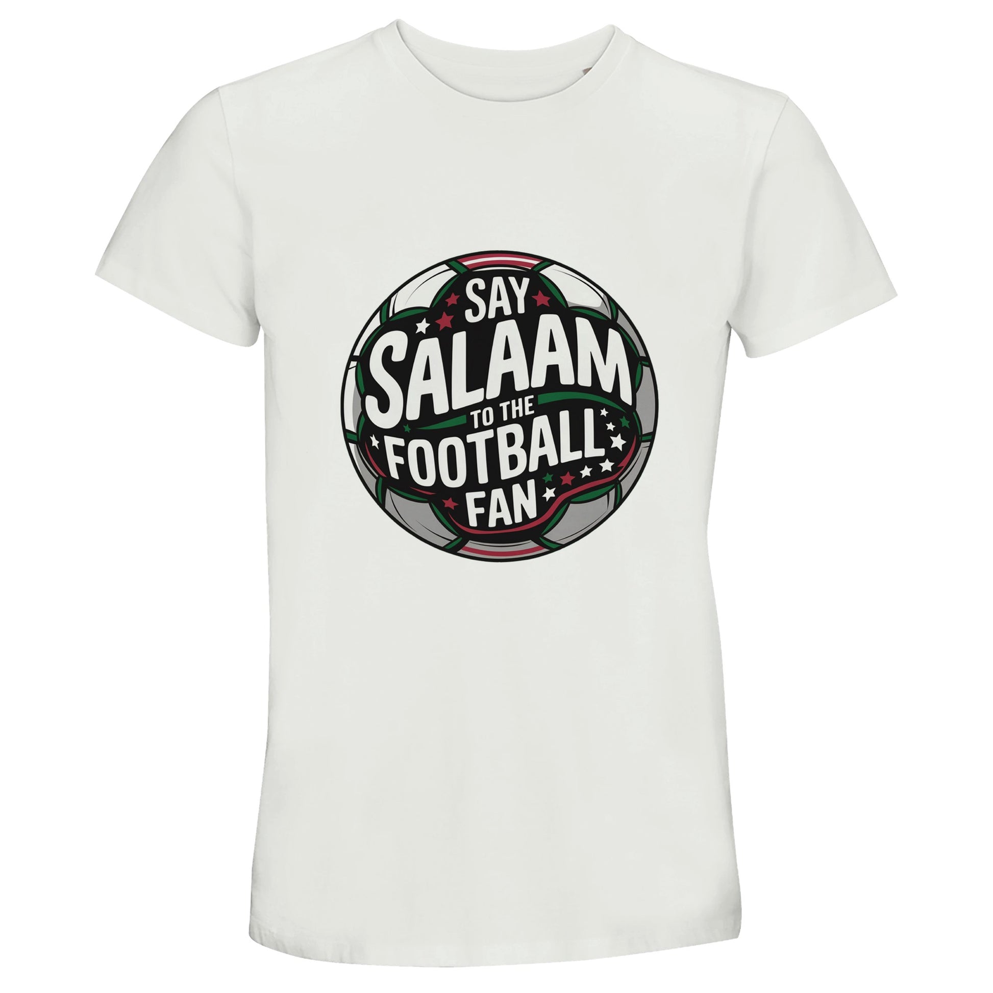 Say Salaam to the Football Fan Design #1 50% Recycled Unisex Cotton T-Shirt – White / Platinum. Islamic football graphic tee featuring a bold circular stadium-style badge centred on the chest. The round football crest design combines deep charcoal and pitch-black textures with forest green, crisp white typography and subtle red. Stadium floodlight effects radiate behind layered lettering, giving the emblem depth & matchday energy. A symmetrical club-inspired badge shape blending Muslim identity with sport.