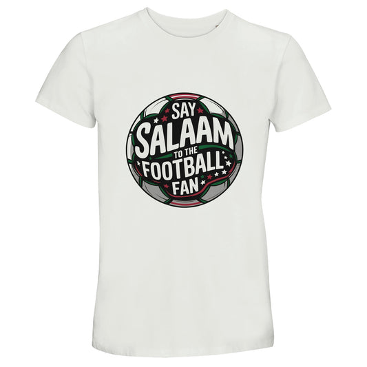 Say Salaam to the Football Fan Design #1 50% Recycled Unisex Cotton T-Shirt – White / Platinum. Islamic football graphic tee featuring a bold circular stadium-style badge centred on the chest. The round football crest design combines deep charcoal and pitch-black textures with forest green, crisp white typography and subtle red. Stadium floodlight effects radiate behind layered lettering, giving the emblem depth & matchday energy. A symmetrical club-inspired badge shape blending Muslim identity with sport.
