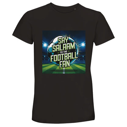 Deep Black / Zeus Islamic unisex T-shirt featuring the Say Salaam to the Football Fan Design #2 artwork, where a radiant stadium glow contrasts against a dark backdrop for bold visual impact. The football graphic celebrates Muslim fan pride and respectful terrace culture. Produced from 100% cotton (50% recycled cotton – 50% cotton) with a soft, breathable feel. Ethical Islamic football streetwear suited to night matches, derby days, esports football gaming sessions and modest everyday supporter style.