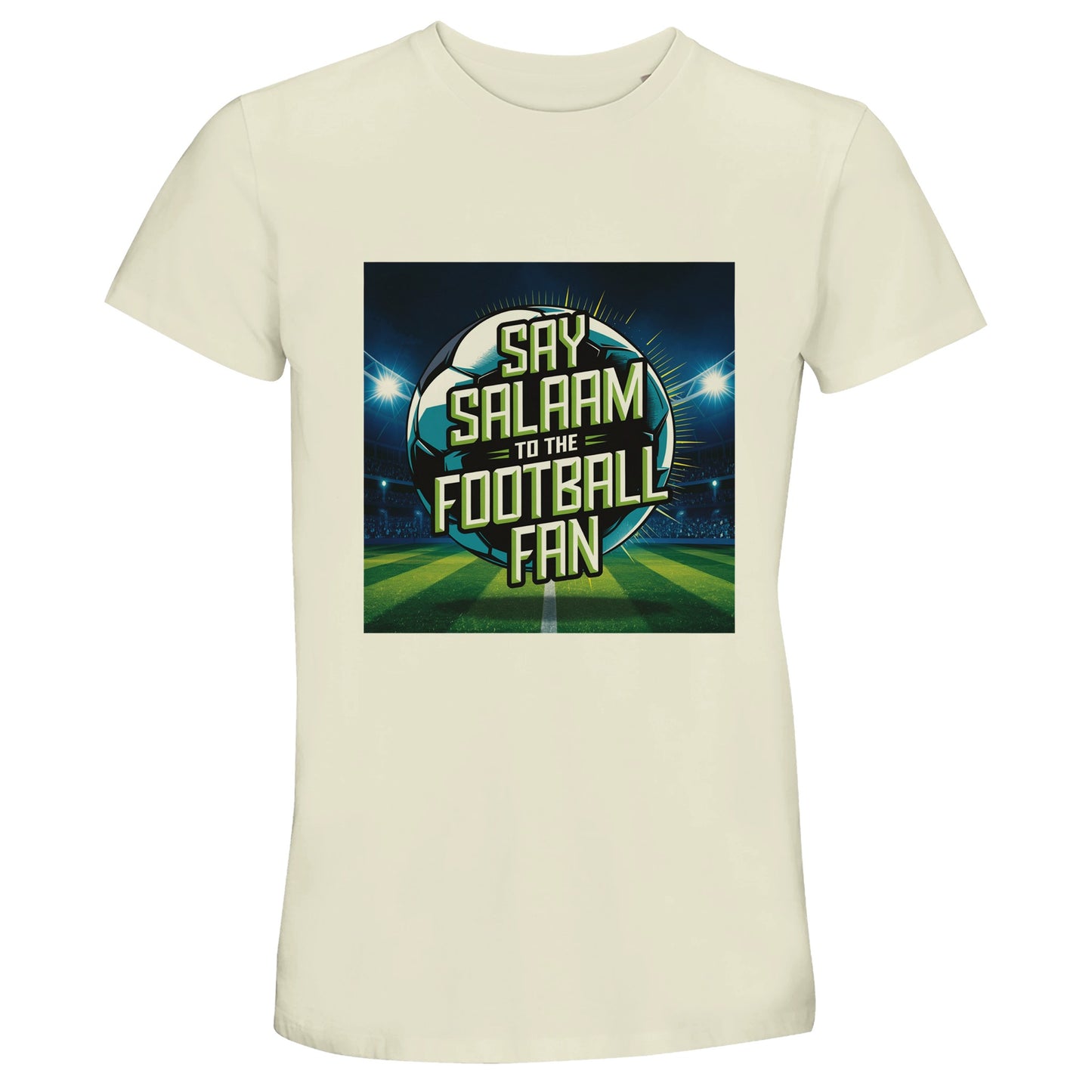 Natural / Moon Mist / Satin Linen / Beige Islamic unisex T-shirt featuring the Say Salaam to the Football Fan Design #2 graphic. Stadium-inspired artwork showcases a glowing football beneath floodlights with bold typography, capturing match-night energy and Muslim fan identity. Crafted from 100% cotton for breathable comfort. Modest Muslim streetwear ideal for Premier League screenings, masjid youth events, five-a-side tournaments and football culture rooted in Islamic values and positive supporter spirit.