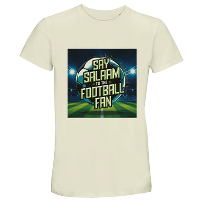 Natural / Moon Mist / Satin Linen / Beige Islamic unisex T-shirt featuring the Say Salaam to the Football Fan Design #2 graphic. Stadium-inspired artwork showcases a glowing football beneath floodlights with bold typography, capturing match-night energy and Muslim fan identity. Crafted from 100% cotton for breathable comfort. Modest Muslim streetwear ideal for Premier League screenings, masjid youth events, five-a-side tournaments and football culture rooted in Islamic values and positive supporter spirit.