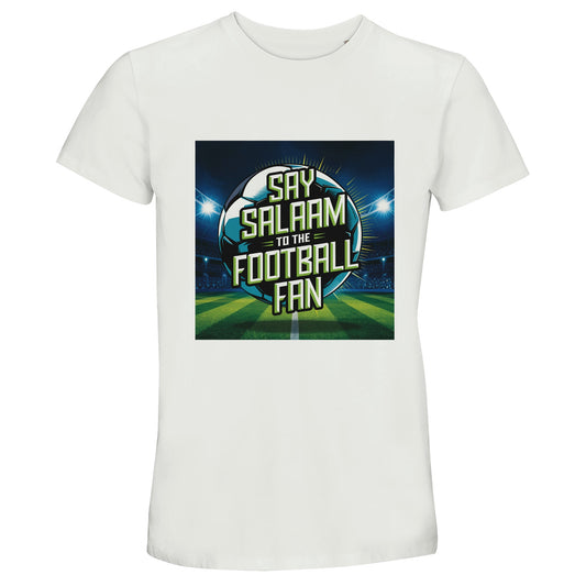 White / Platinum Islamic unisex T-shirt displaying the Say Salaam to the Football Fan Design #2 print, centred on a luminous football stadium scene with dynamic lighting and confident lettering. The graphic blends football passion with Islamic greeting culture, creating standout Muslim supporter apparel. Made from 100% cotton with a classic crew neck fit. Sustainable modest football streetwear for match days, Champions League nights, community kickabouts and faith-led fan gatherings at a good price.
