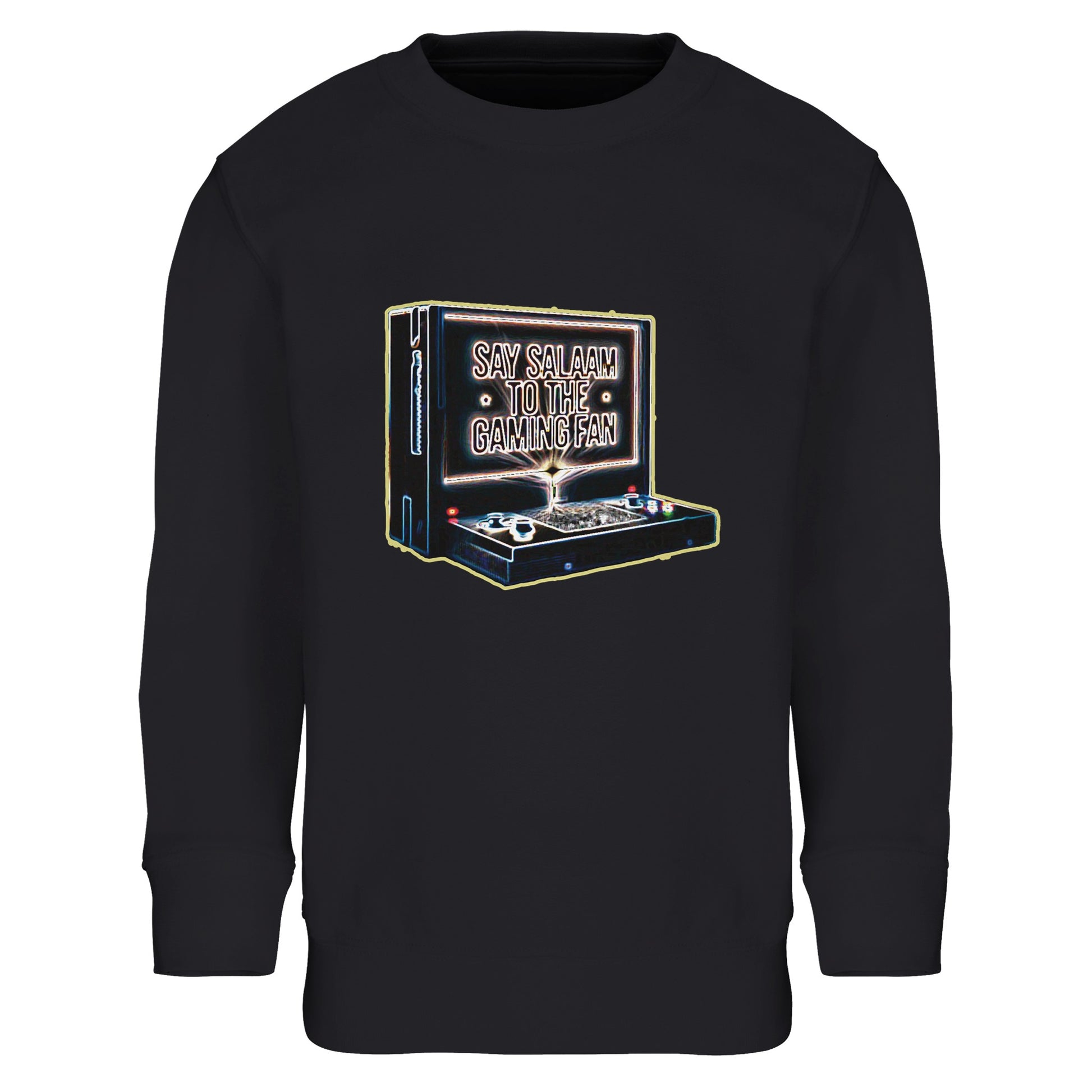 Say Salaam to the Gaming Fan Design #3 Part-Recycled Cotton-Poly Kids Sweatshirt in Black / Deep Black / Zeus. This Islamic and Muslim-inspired kids jumper blends 80% cotton and 20% recycled polyester for warmth and durability, with brushed fleece lining and ribbed cuffs for a snug fit. Ideal modest streetwear for young gamers balancing school, masjid and console time. A comfortable everyday crewneck for esports fans, PlayStation and retro arcade lovers who want faith-friendly fashion at a great price.