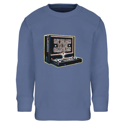 Say Salaam to the Gaming Fan Design #3 Part-Recycled Cotton-Poly Kids Sweatshirt in Blue / Marble Blue / Blue-Grey / Waikawa Grey. This Muslim and Islamic gaming jumper is made from an 80% cotton and 20% recycled polyester blend, offering soft brushed fleece warmth and a durable finish for active days. Perfect modest wear for young gamers moving from classroom to console and Friday prayers. A breathable, easy-care crewneck sweatshirt for esports fans and retro game lovers at a good price.