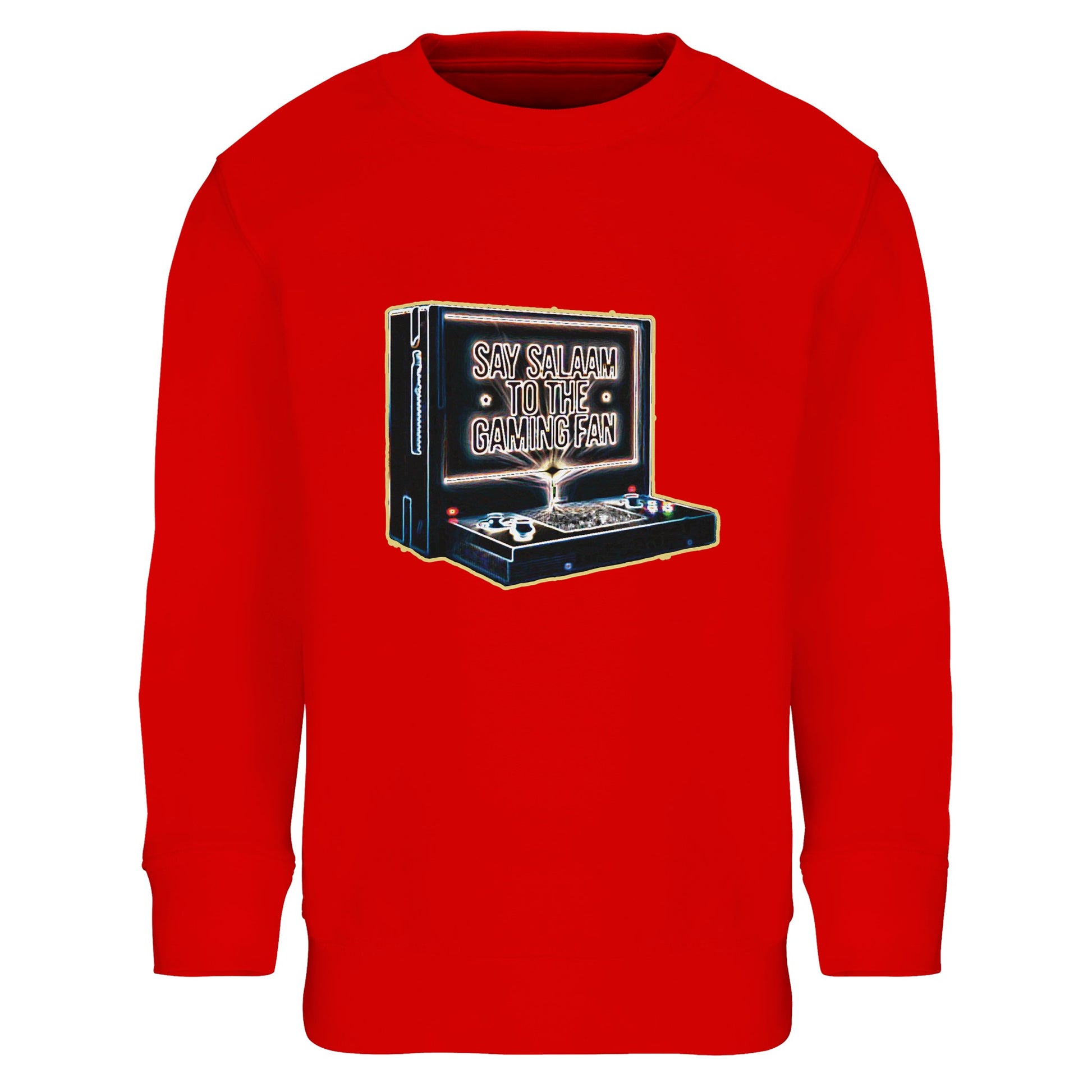 Say Salaam to the Gaming Fan Design #3 Part-Recycled Cotton-Poly Kids Sweatshirt in Bright Red / Rosso Corsa. A bold Islamic and Muslim gaming jumper crafted from 80% cotton and 20% recycled polyester with brushed fleece lining for cosy comfort. Ribbed cuffs and hem create a secure fit for play, school and weekend tournaments. Modest, faith-friendly streetwear for young esports fans who cheer between salah and screen time, combining standout colour with everyday durability at a great price.