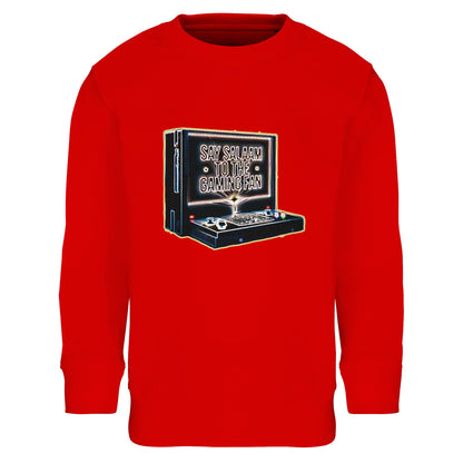 Say Salaam to the Gaming Fan Design #3 Part-Recycled Cotton-Poly Kids Sweatshirt in Bright Red / Rosso Corsa. A bold Islamic and Muslim gaming jumper crafted from 80% cotton and 20% recycled polyester with brushed fleece lining for cosy comfort. Ribbed cuffs and hem create a secure fit for play, school and weekend tournaments. Modest, faith-friendly streetwear for young esports fans who cheer between salah and screen time, combining standout colour with everyday durability at a great price.
