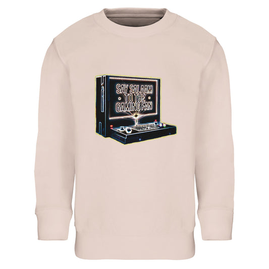 Say Salaam to the Gaming Fan Design #3 Part-Recycled Cotton-Poly Kids Sweatshirt in Creamy Pink / Oyster Pink. This Muslim and Islamic gaming jumper features an 80% cotton and 20% recycled polyester blend with soft brushed fleece lining for warmth and comfort. Designed for movement, modest wear and everyday durability, from school corridors to gaming rooms. A stylish crewneck for young esports fans who embrace faith-inspired fashion in soft pink tones at a good price.