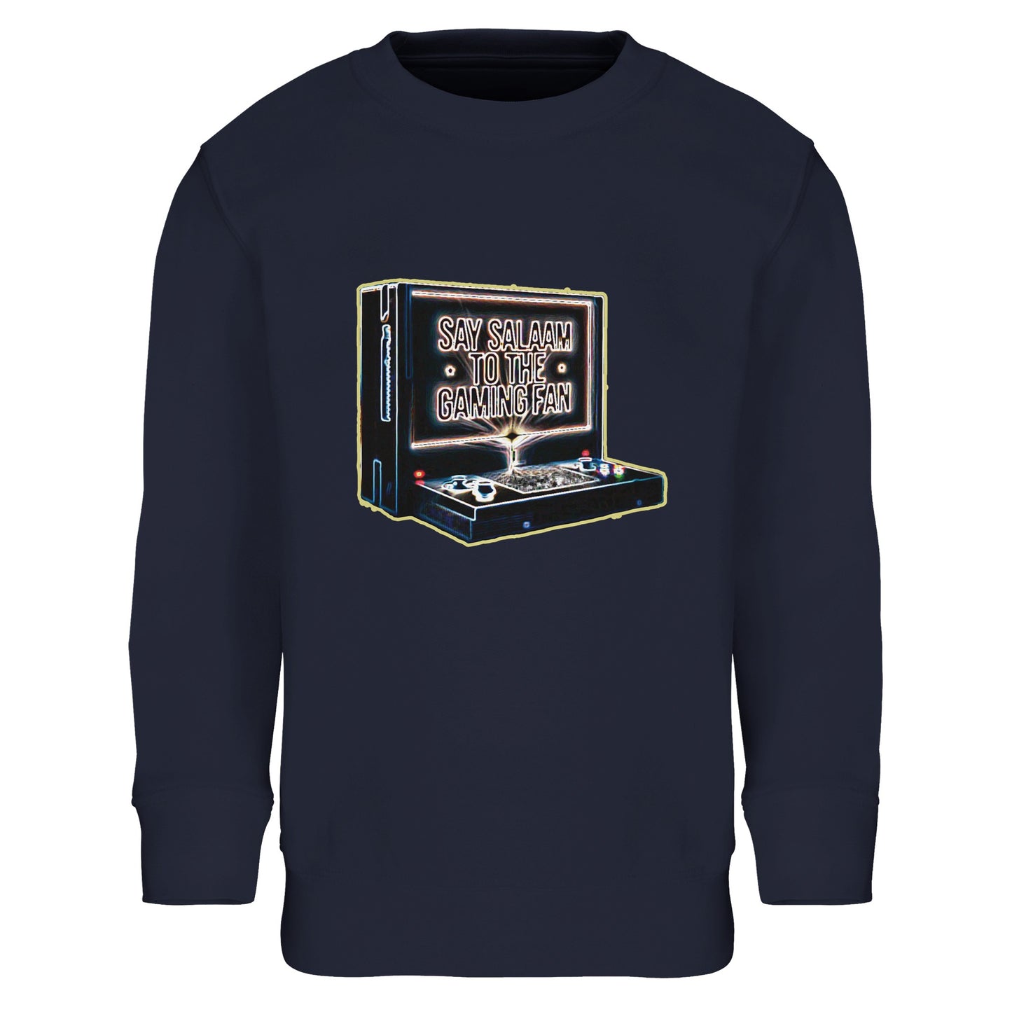 Say Salaam to the Gaming Fan Design #3 Part-Recycled Cotton-Poly Kids Sweatshirt in French Navy / Ebony Clay. This Muslim and Islamic-inspired kids jumper delivers soft brushed fleece warmth with its 80% cotton and 20% recycled polyester blend. Designed for comfort and movement, it’s ideal for gaming sessions, school days and masjid visits. A modest crewneck sweatshirt for esports fans and retro arcade enthusiasts who want practical, faith-conscious fashion in deep navy tones at a good price.