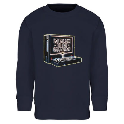 Say Salaam to the Gaming Fan Design #3 Part-Recycled Cotton-Poly Kids Sweatshirt in French Navy / Ebony Clay. This Muslim and Islamic-inspired kids jumper delivers soft brushed fleece warmth with its 80% cotton and 20% recycled polyester blend. Designed for comfort and movement, it’s ideal for gaming sessions, school days and masjid visits. A modest crewneck sweatshirt for esports fans and retro arcade enthusiasts who want practical, faith-conscious fashion in deep navy tones at a good price.