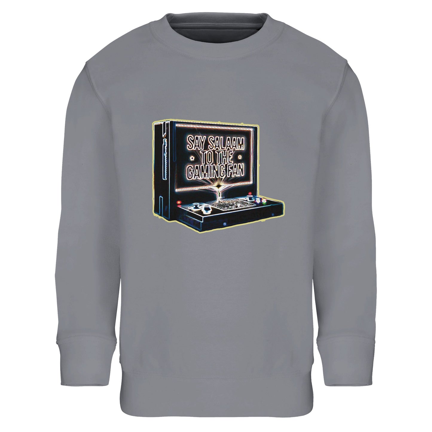 Say Salaam to the Gaming Fan Design #3 Part-Recycled Cotton-Poly Kids Sweatshirt in Grey Melange / Heather Grey / Marl Grey / Classic Athletic Grey Blend. This Islamic and Muslim gaming jumper combines 80% cotton with 20% recycled polyester, finished with brushed fleece for warmth and softness. A versatile modest crewneck for school, sports and console battles, offering durable stitching and easy care. Perfect for young esports fans who value comfort, faith and everyday style at a great price.