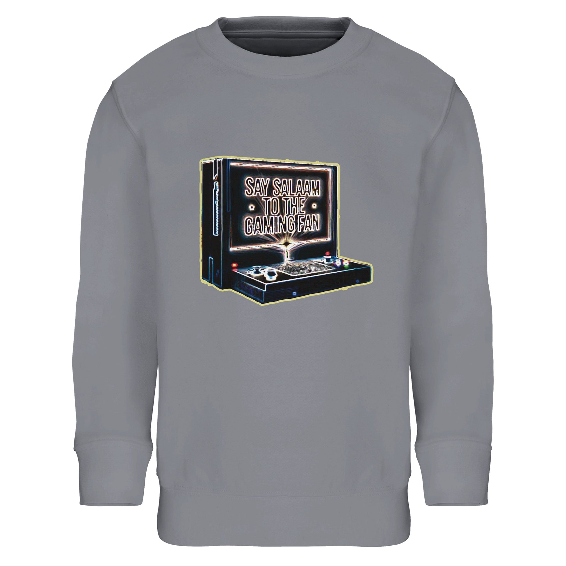 Say Salaam to the Gaming Fan Design #3 Part-Recycled Cotton-Poly Kids Sweatshirt in Grey Melange / Heather Grey / Marl Grey / Classic Athletic Grey Blend. This Islamic and Muslim gaming jumper combines 80% cotton with 20% recycled polyester, finished with brushed fleece for warmth and softness. A versatile modest crewneck for school, sports and console battles, offering durable stitching and easy care. Perfect for young esports fans who value comfort, faith and everyday style at a great price.