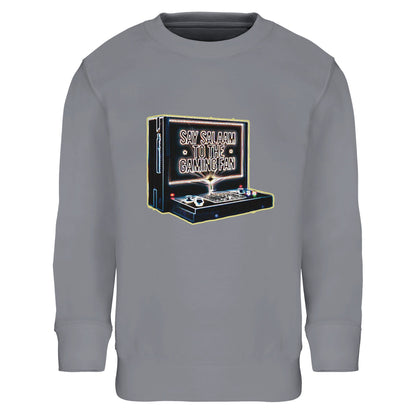 Say Salaam to the Gaming Fan Design #3 Part-Recycled Cotton-Poly Kids Sweatshirt in Grey Melange / Heather Grey / Marl Grey / Classic Athletic Grey Blend. This Islamic and Muslim gaming jumper combines 80% cotton with 20% recycled polyester, finished with brushed fleece for warmth and softness. A versatile modest crewneck for school, sports and console battles, offering durable stitching and easy care. Perfect for young esports fans who value comfort, faith and everyday style at a great price.