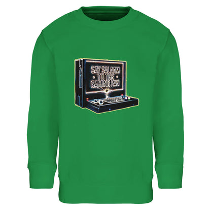 Say Salaam to the Gaming Fan Design #3 Part-Recycled Cotton-Poly Kids Sweatshirt in Kelly Green. This Muslim and Islamic gaming jumper features an 80% cotton and 20% recycled polyester blend with brushed fleece lining for warmth during cooler days. Ribbed cuffs and hem provide a secure, relaxed fit for active young gamers. A modest, faith-inspired crewneck for esports lovers balancing school, salah and screen time, delivering standout green colour and dependable comfort at a good price.