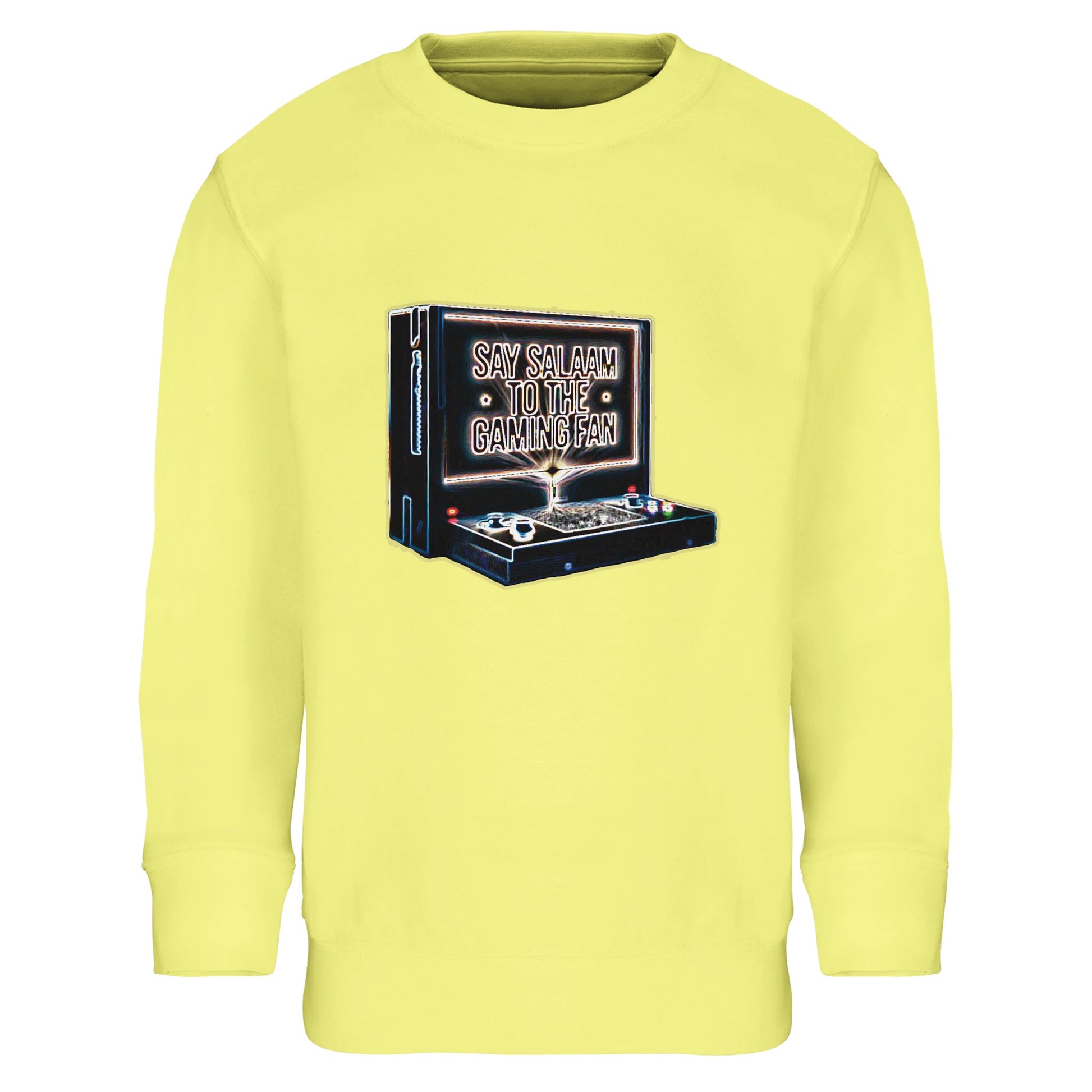 Say Salaam to the Gaming Fan Design #3 Part-Recycled Cotton-Poly Kids Sweatshirt in Light Yellow / Lemon Chiffon. A bright Islamic and Muslim-themed gaming jumper made from 80% cotton and 20% recycled polyester with soft brushed fleece interior. Designed for comfort in school, play and gaming tournaments, with ribbed cuffs for a snug finish. Modest streetwear for young esports fans who greet teammates with Salaam and play with purpose, offering cheerful colour and everyday value at a great price.