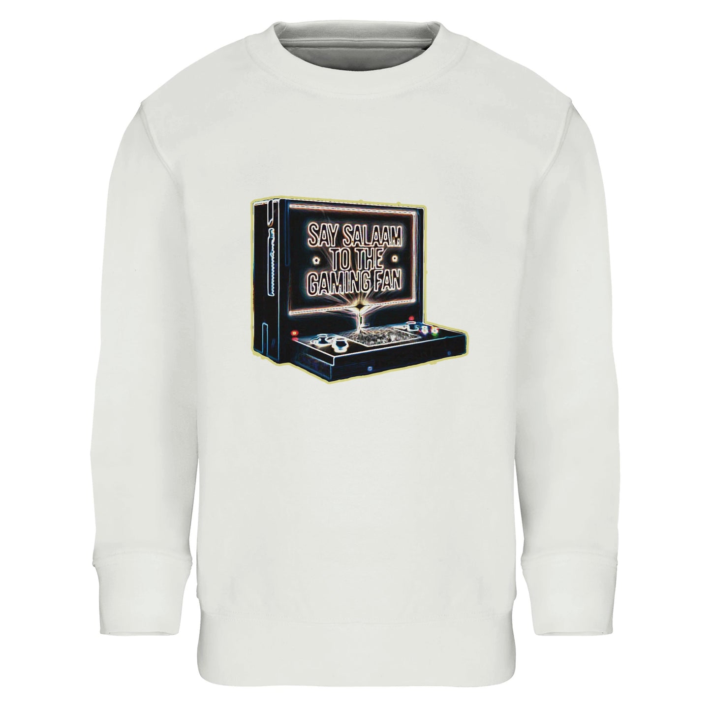 Say Salaam to the Gaming Fan Design #3 Part-Recycled Cotton-Poly Kids Sweatshirt in White / Platinum. A clean Muslim-inspired gaming jumper crafted from 80% cotton and 20% recycled polyester with brushed fleece for added warmth. Ideal for school days, youth group gatherings and gaming sessions, offering a relaxed fit and durable finish. Modest, faith-aware crewneck streetwear for young esports fans who blend console culture with Islamic identity at a great price.
