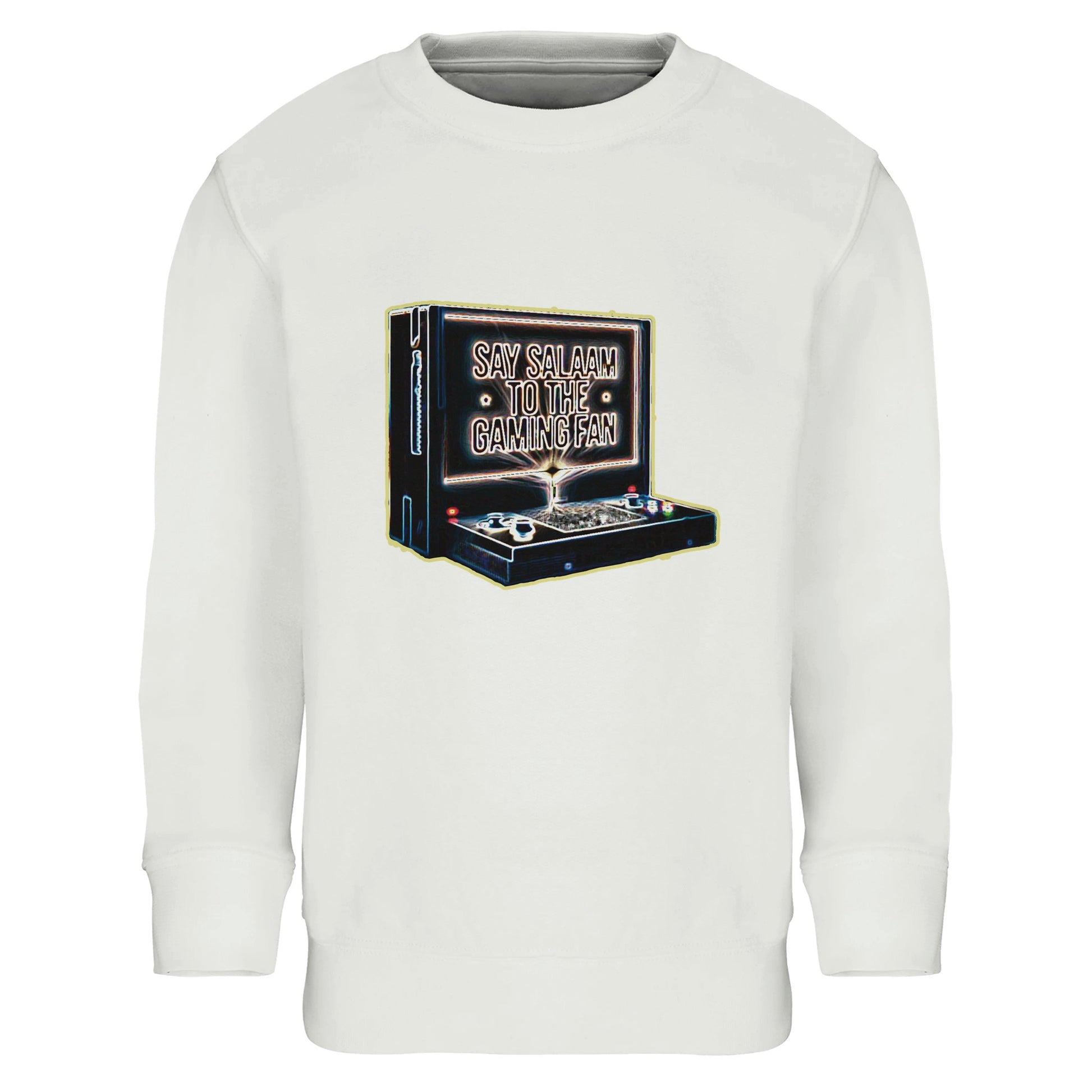 Say Salaam to the Gaming Fan Design #3 Part-Recycled Cotton-Poly Kids Sweatshirt in White / Platinum. A clean Muslim-inspired gaming jumper crafted from 80% cotton and 20% recycled polyester with brushed fleece for added warmth. Ideal for school days, youth group gatherings and gaming sessions, offering a relaxed fit and durable finish. Modest, faith-aware crewneck streetwear for young esports fans who blend console culture with Islamic identity at a great price.
