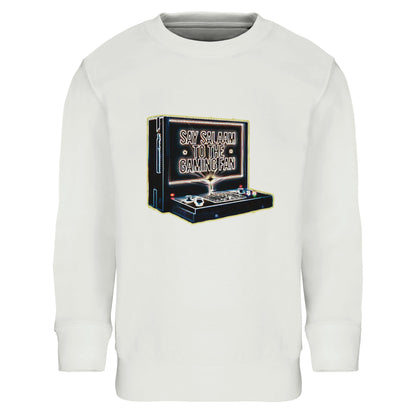 Say Salaam to the Gaming Fan Design #3 Part-Recycled Cotton-Poly Kids Sweatshirt in White / Platinum. A clean Muslim-inspired gaming jumper crafted from 80% cotton and 20% recycled polyester with brushed fleece for added warmth. Ideal for school days, youth group gatherings and gaming sessions, offering a relaxed fit and durable finish. Modest, faith-aware crewneck streetwear for young esports fans who blend console culture with Islamic identity at a great price.