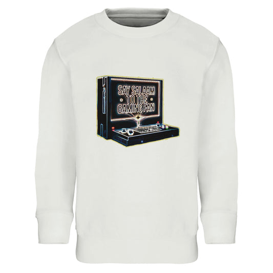 Say Salaam to the Gaming Fan Design #3 Part-Recycled Cotton-Poly Kids Sweatshirt in White / Platinum. A clean Muslim-inspired gaming jumper crafted from 80% cotton and 20% recycled polyester with brushed fleece for added warmth. Ideal for school days, youth group gatherings and gaming sessions, offering a relaxed fit and durable finish. Modest, faith-aware crewneck streetwear for young esports fans who blend console culture with Islamic identity at a great price.