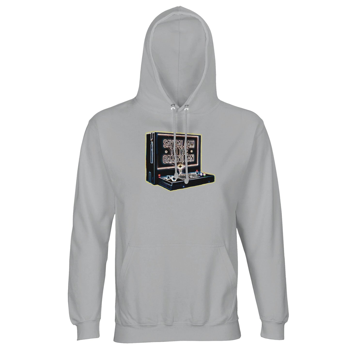Say Salaam to the Gaming Fan Design #3 light unisex cotton-poly hoodie in Ash. A soft brushed fleece Muslim and Islamic gamer hoodie made from cotton and recycled polyester, offering warmth, comfort and everyday modest streetwear appeal. Designed for peaceful gaming fans who balance console battles with real-life discipline, from late-night tournaments to suhoor score checks. Ideal for Muslim gamers, esporters and faith-conscious streamers who want ethical fashion with Islamic identity & sustainable style.