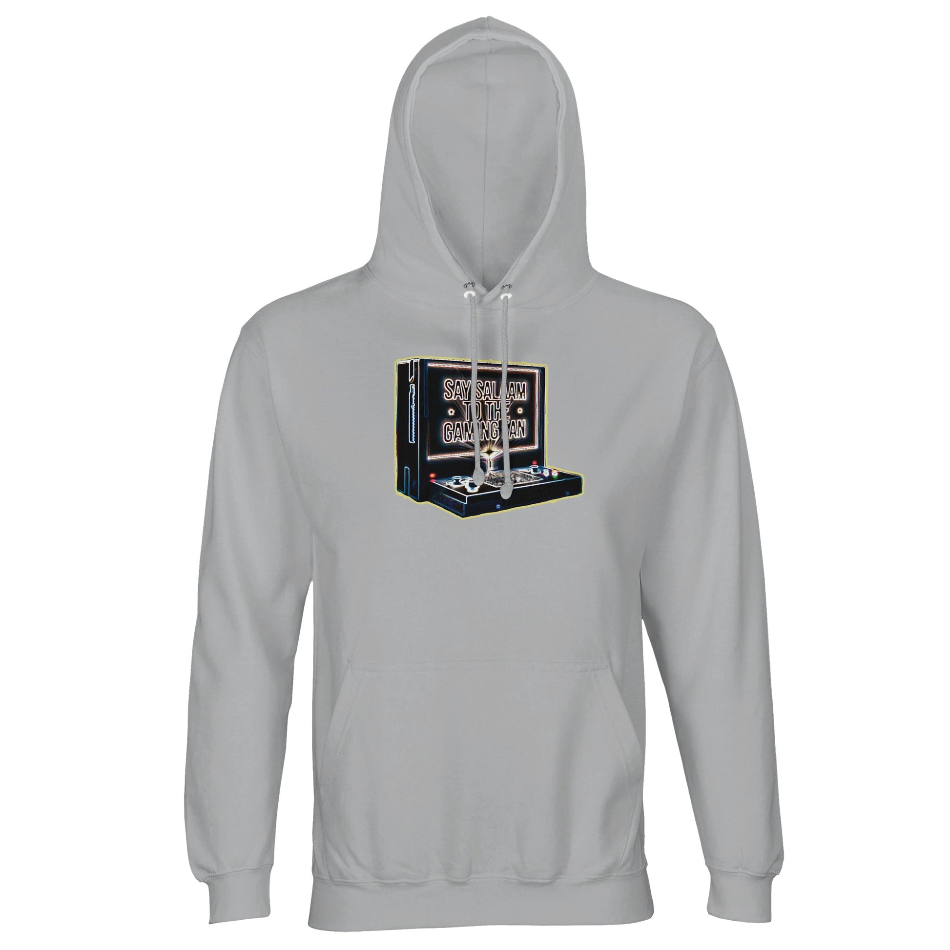 Say Salaam to the Gaming Fan Design #3 light unisex cotton-poly hoodie in Ash. A soft brushed fleece Muslim and Islamic gamer hoodie made from cotton and recycled polyester, offering warmth, comfort and everyday modest streetwear appeal. Designed for peaceful gaming fans who balance console battles with real-life discipline, from late-night tournaments to suhoor score checks. Ideal for Muslim gamers, esporters and faith-conscious streamers who want ethical fashion with Islamic identity & sustainable style.