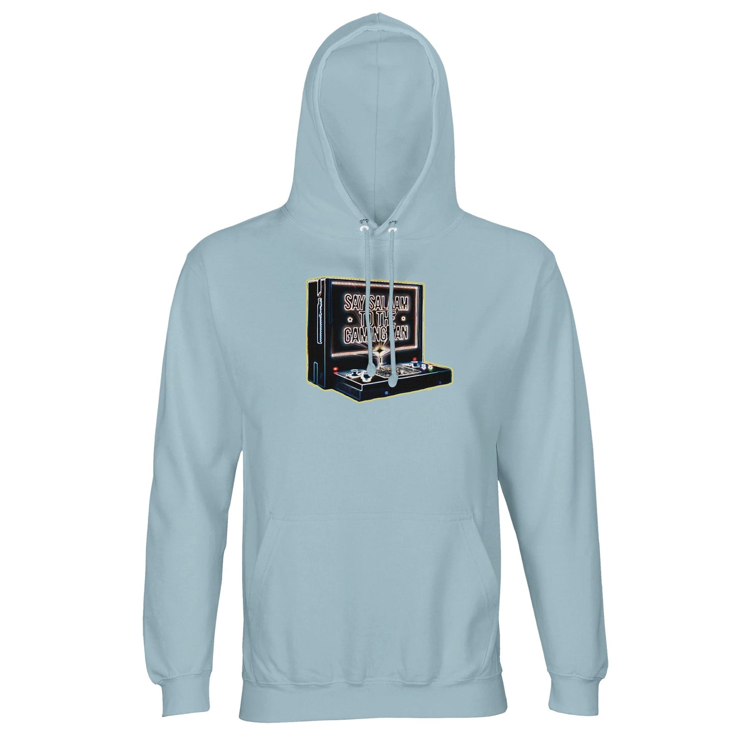 Say Salaam to the Gaming Fan Design #3 light unisex cotton-poly hoodie in Creamy Blue. Made from 80% cotton and 20% recycled polyester with soft fleece lining, this Islamic and Muslim gamer hoodie delivers warmth, comfort and ethical streetwear style. Designed for esports fans, console competitors and halal gaming communities who represent faith proudly. A sustainable Muslim hoodie for peaceful players who balance online battles with Islamic values and modest fashion.