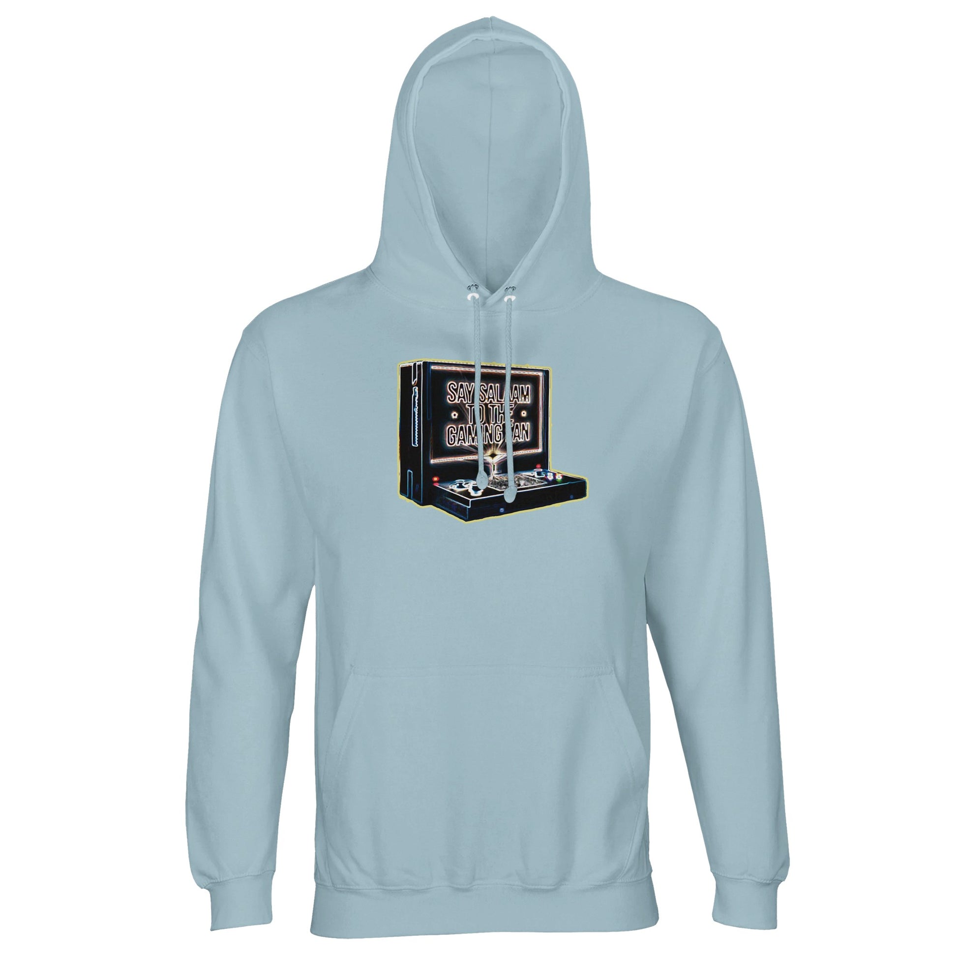 Say Salaam to the Gaming Fan Design #3 light unisex cotton-poly hoodie in Creamy Blue. Made from 80% cotton and 20% recycled polyester with soft fleece lining, this Islamic and Muslim gamer hoodie delivers warmth, comfort and ethical streetwear style. Designed for esports fans, console competitors and halal gaming communities who represent faith proudly. A sustainable Muslim hoodie for peaceful players who balance online battles with Islamic values and modest fashion.