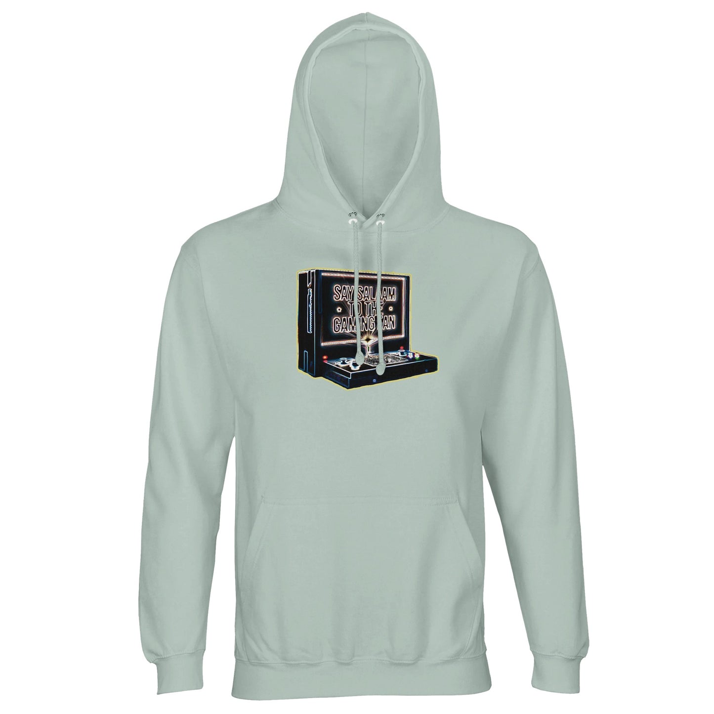 Say Salaam to the Gaming Fan Design #3 light unisex cotton-poly hoodie in Creamy Green. Crafted with 80% cotton and 20% recycled polyester brushed fleece, this Muslim and Islamic gaming hoodie blends comfort with modest streetwear confidence. Ideal for esports enthusiasts, console gamers and halal lifestyle players who track scores between prayers. A sustainable Islamic gamer hoodie that reflects peaceful competition, ethical fashion and faith-led gaming culture.