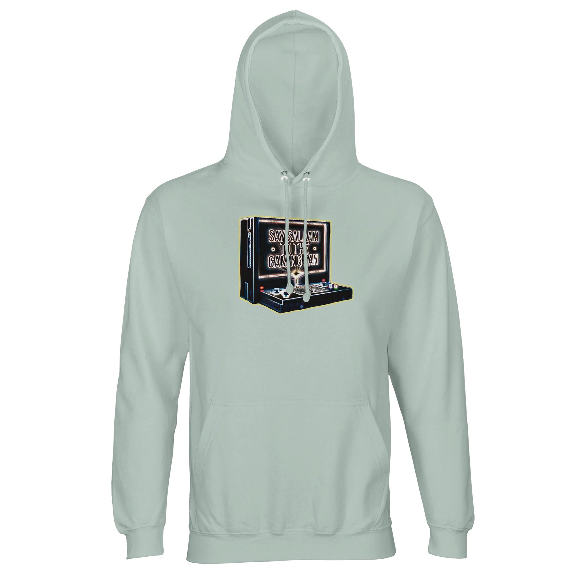 Say Salaam to the Gaming Fan Design #3 light unisex cotton-poly hoodie in Creamy Green. Crafted with 80% cotton and 20% recycled polyester brushed fleece, this Muslim and Islamic gaming hoodie blends comfort with modest streetwear confidence. Ideal for esports enthusiasts, console gamers and halal lifestyle players who track scores between prayers. A sustainable Islamic gamer hoodie that reflects peaceful competition, ethical fashion and faith-led gaming culture.