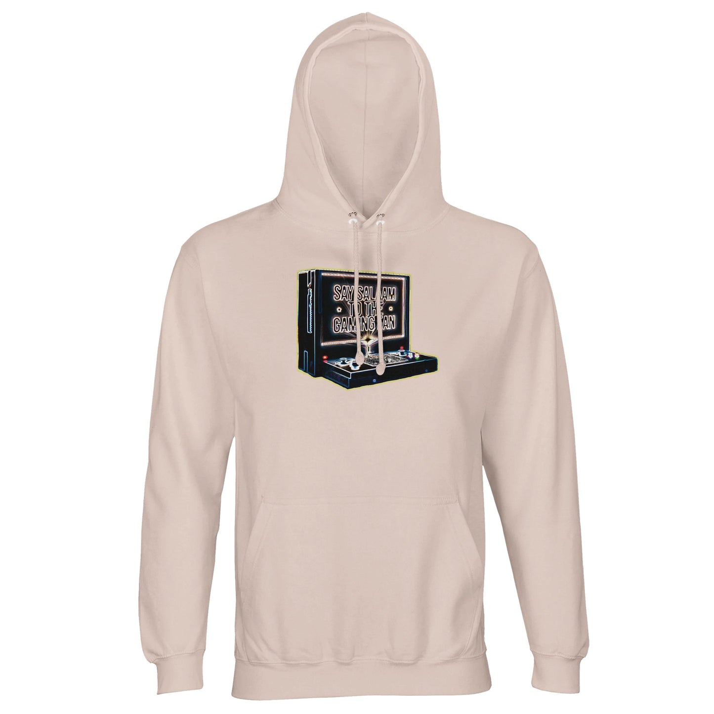 Say Salaam to the Gaming Fan Design #3 light unisex cotton-poly hoodie in Creamy Pink. Featuring an 80% cotton and 20% recycled polyester fleece blend, this Muslim and Islamic gamer hoodie offers warmth, softness and modest gaming style. Designed for esports competitors, console fans and halal streamers who represent Islamic values on and offline. A sustainable hoodie for Muslim gaming communities seeking ethical streetwear with peaceful competitive energy.