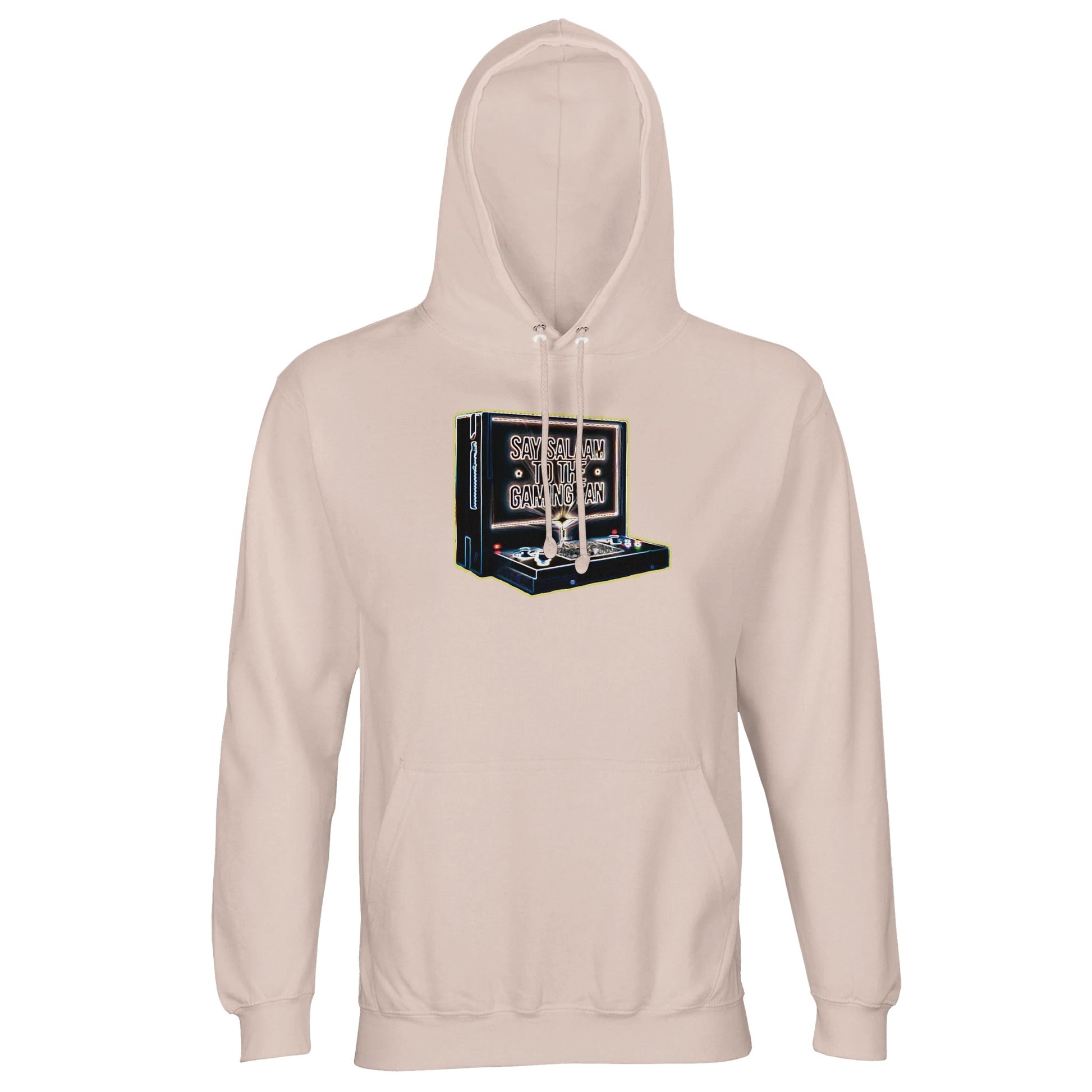 Say Salaam to the Gaming Fan Design #3 light unisex cotton-poly hoodie in Creamy Pink. Featuring an 80% cotton and 20% recycled polyester fleece blend, this Muslim and Islamic gamer hoodie offers warmth, softness and modest gaming style. Designed for esports competitors, console fans and halal streamers who represent Islamic values on and offline. A sustainable hoodie for Muslim gaming communities seeking ethical streetwear with peaceful competitive energy.