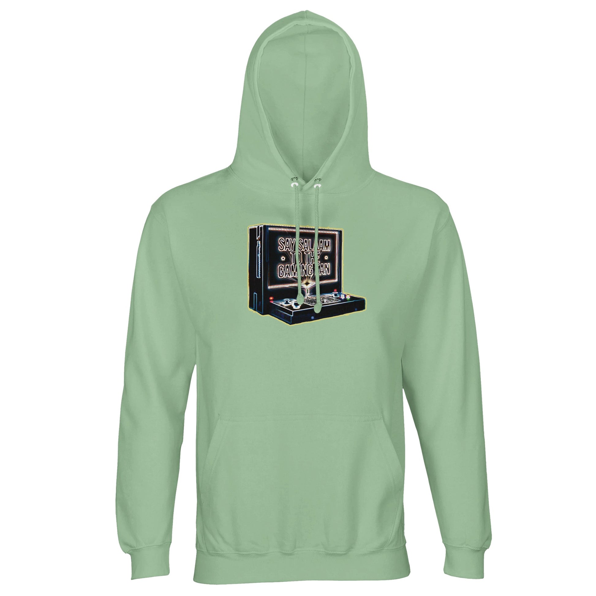 Say Salaam to the Gaming Fan Design #3 light unisex cotton-poly hoodie in Frozen Green. Made from 80% cotton and 20% recycled polyester brushed fleece, this Islamic and Muslim gaming hoodie delivers comfort and sustainable style. Perfect for esports fans, console players and halal gamers who balance leaderboard ambition with faith and discipline. A modest Muslim streetwear hoodie designed for peaceful gaming culture and responsible competition.