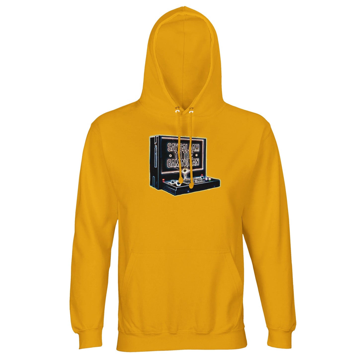 Say Salaam to the Gaming Fan Design #3 light unisex cotton-poly hoodie in Gold. Crafted from 80% cotton and 20% recycled polyester with brushed fleece lining, this Islamic and Muslim gamer hoodie blends warmth, comfort and modest streetwear energy. For console lovers, esports competitors & halal lifestyle gamers who stream between prayers and celebrate wins responsibly. A sustainable Muslim gaming hoodie for faith-driven players who value peaceful competition, ethical fashion & Islamic-inspired design.