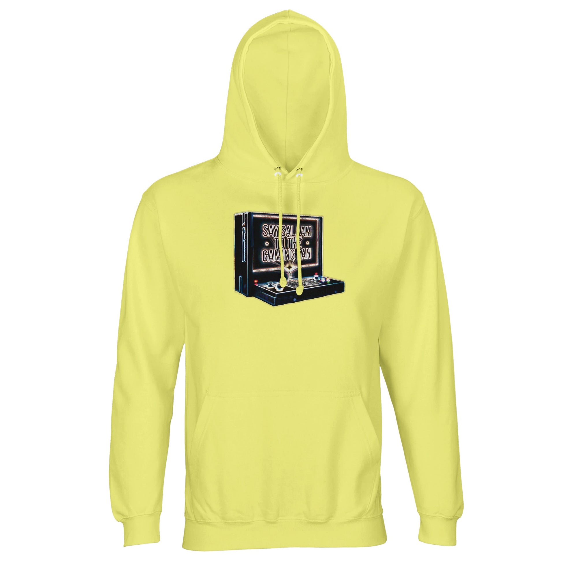 Say Salaam to the Gaming Fan Design #3 light unisex cotton-poly hoodie in Light Yellow. Made from 80% cotton and 20% recycled polyester with soft brushed fleece, this Muslim and Islamic gaming hoodie delivers comfort, warmth and modest everyday style. Designed for esports fans, console players and halal gamers who track leaderboards between suhoor and tournaments. A sustainable Islamic streetwear hoodie for Muslim gaming communities who promote peace, discipline and responsible competition.