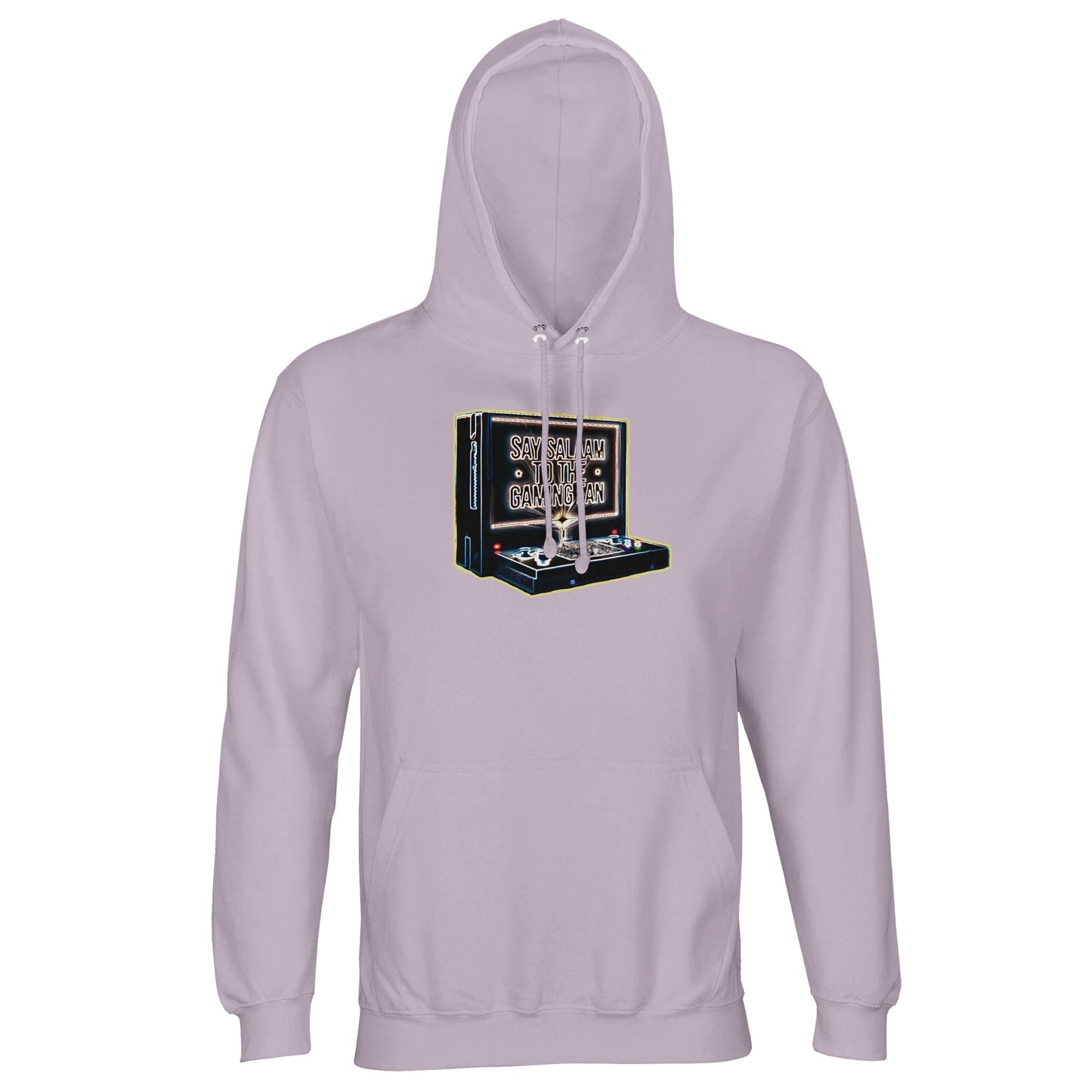 Say Salaam to the Gaming Fan Design #3 light unisex cotton-poly hoodie in Lilak. Crafted from 80% cotton and 20% recycled polyester with soft fleece lining, this Muslim and Islamic gamer hoodie blends warmth, modesty and ethical fashion. Designed for esports supporters, console competitors and halal lifestyle gamers who celebrate wins with humility. A sustainable Islamic streetwear piece for Muslim gaming fans who value peace, faith and competition.